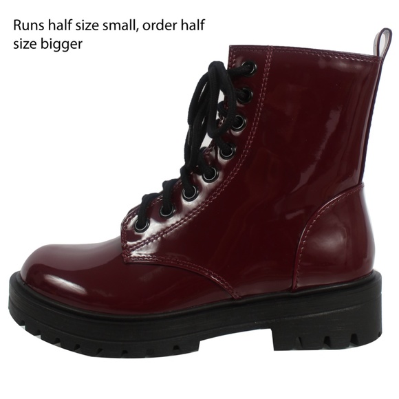Burgundy Faux Patent Leather Combat Lace Up Ankle - Picture 2 of 5